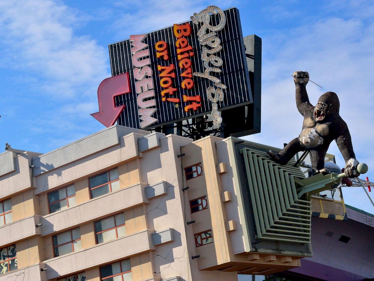 The image shows a building with a Ripley's Believe It or Not! sign and a giant King Kong statue grasping a plane on the exterior of the structure.