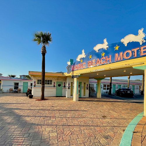 An image of a motel entrance with a sign reading 