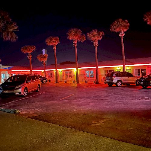 A neon-lit motel with palm trees, cars parked outside, and a dark nighttime backdrop.