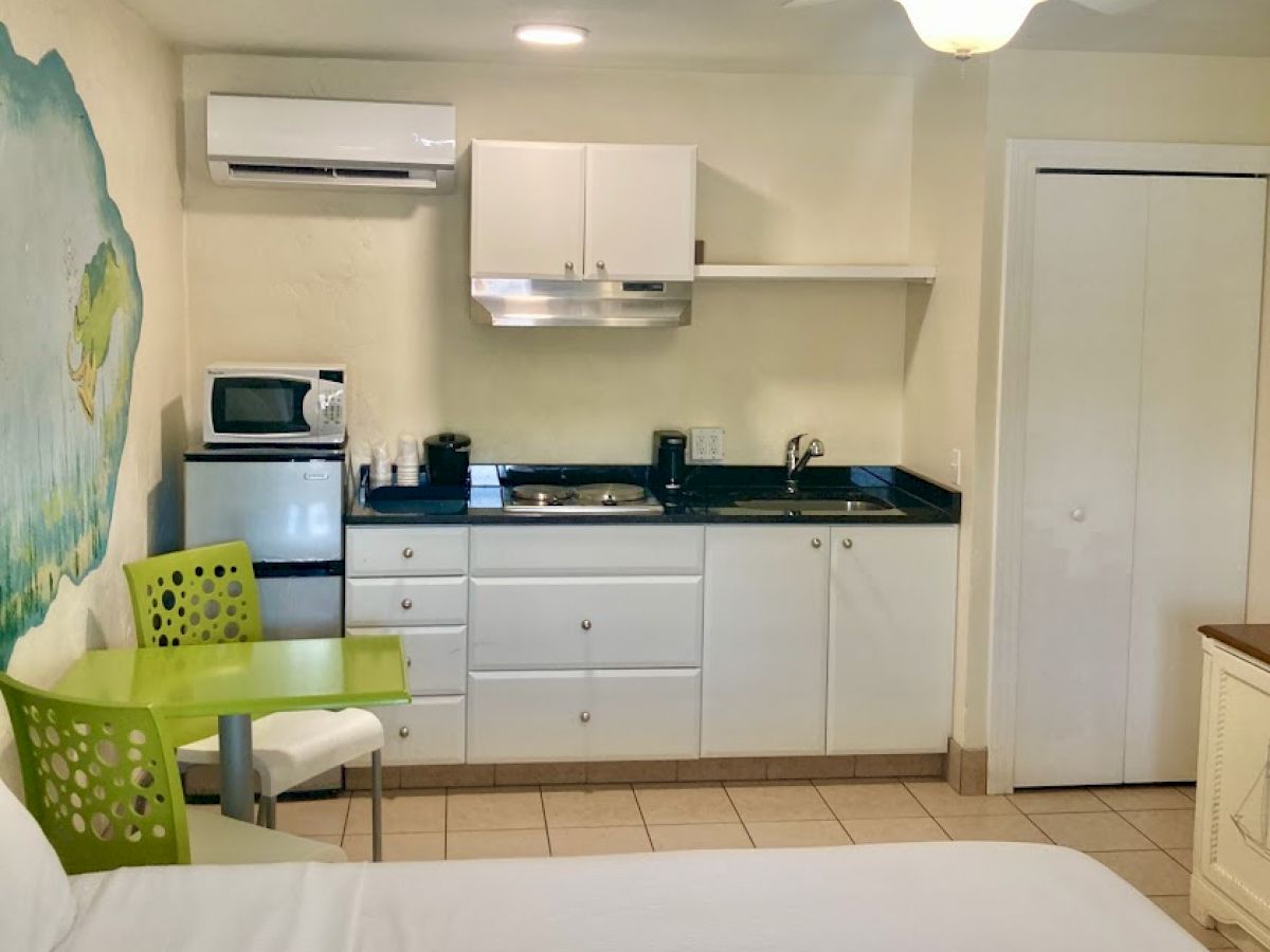 The image shows a compact kitchen with white cabinets, a microwave, a mini-fridge, and a green chair next to a small table in a bright room.